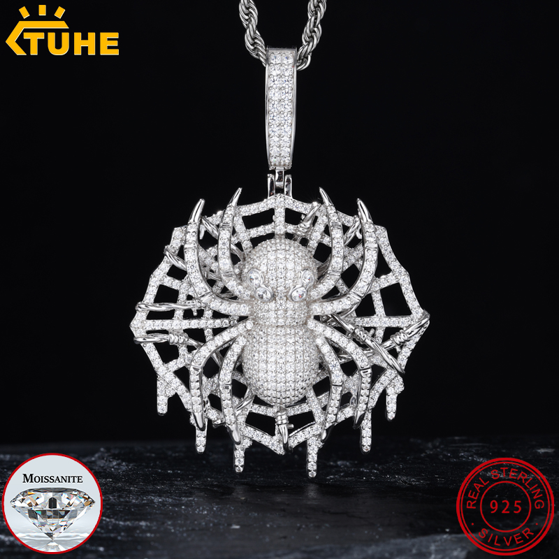 925 Sterling Silver Chain Necklace Men - Wysokiej jakości wisiorek pająk z moissanitem
